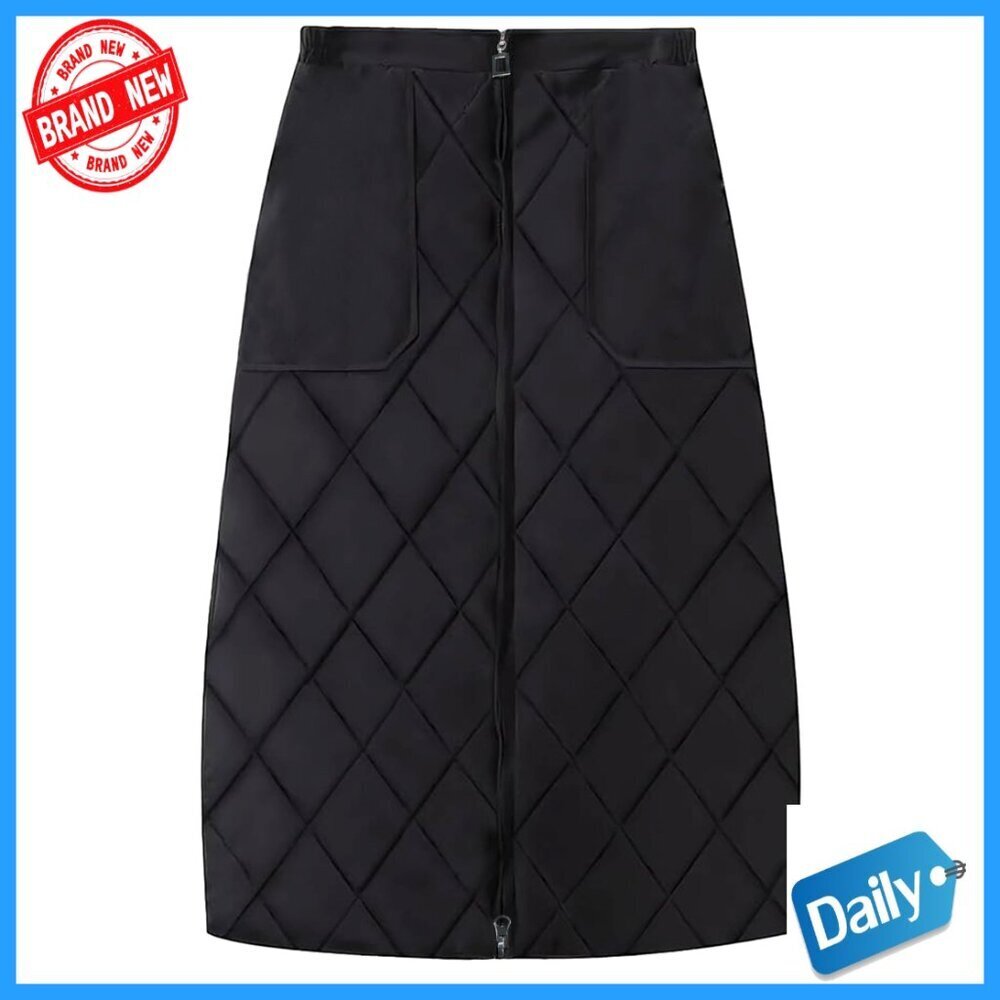Quilted Puffer Skirt with Front Zipper and Pockets, Winter Insulated A-Line